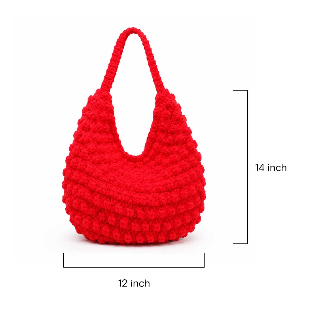 Vibrant Red Hand-Crocheted Bobble Texture Hobo Bag