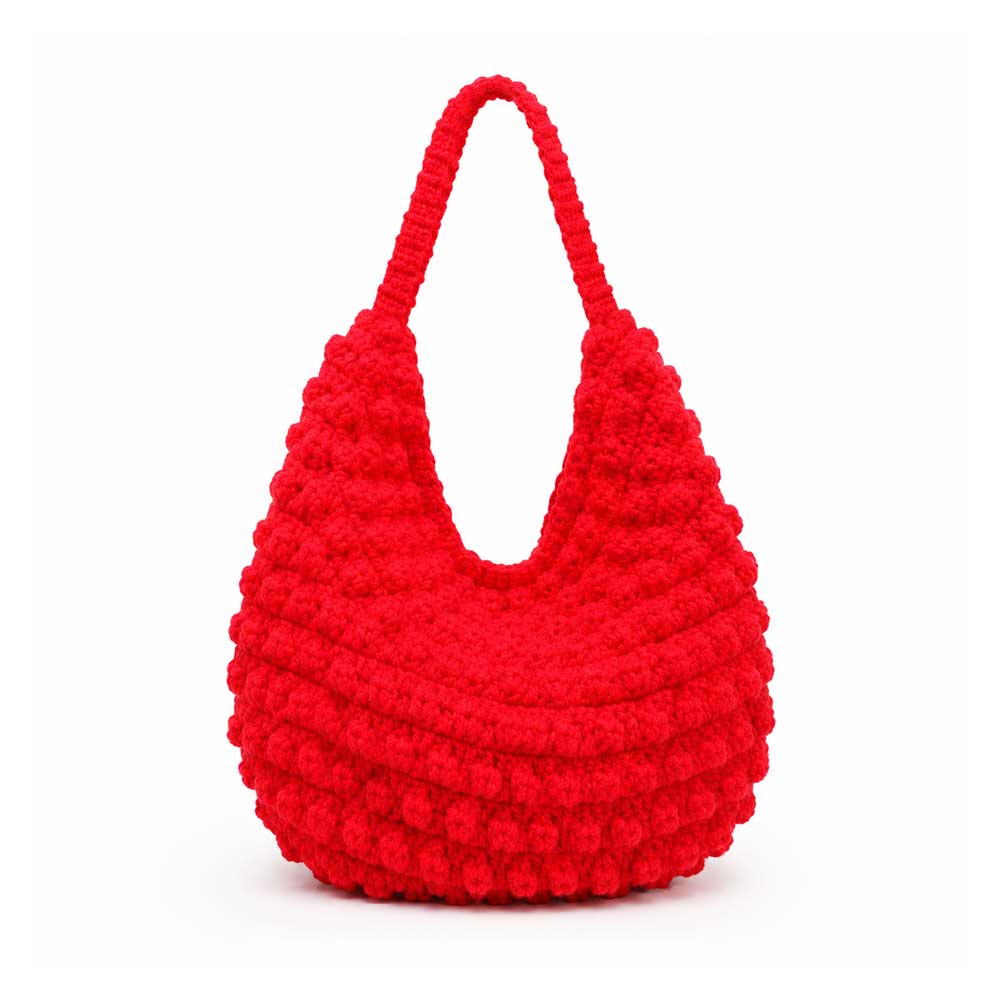 Vibrant red handcrafted crochet hobo bag with unique bobble texture, front view