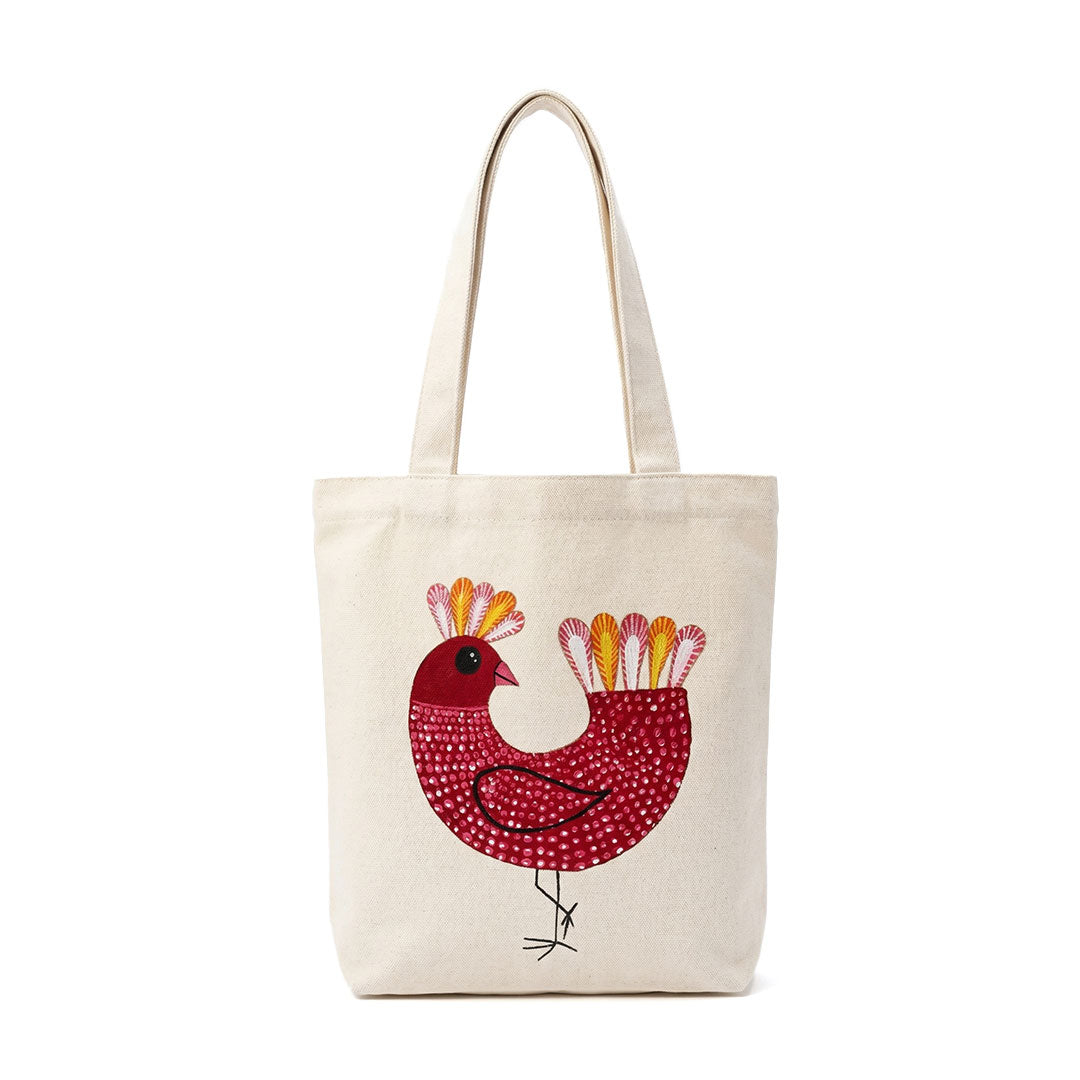 Artisan Folk Bird Hand-Painted Canvas Tote - Off-White