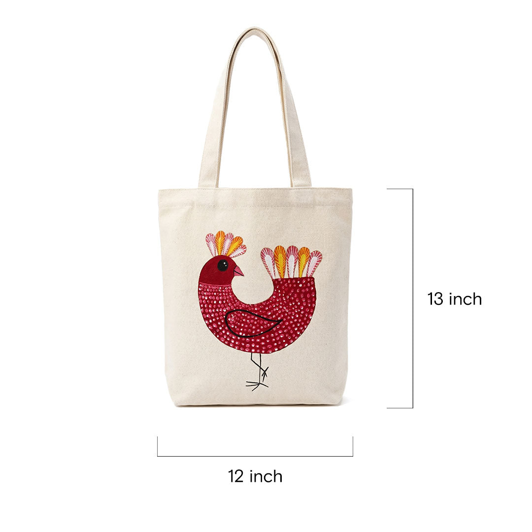 Artisan Folk Bird Hand-Painted Canvas Tote - Off-White