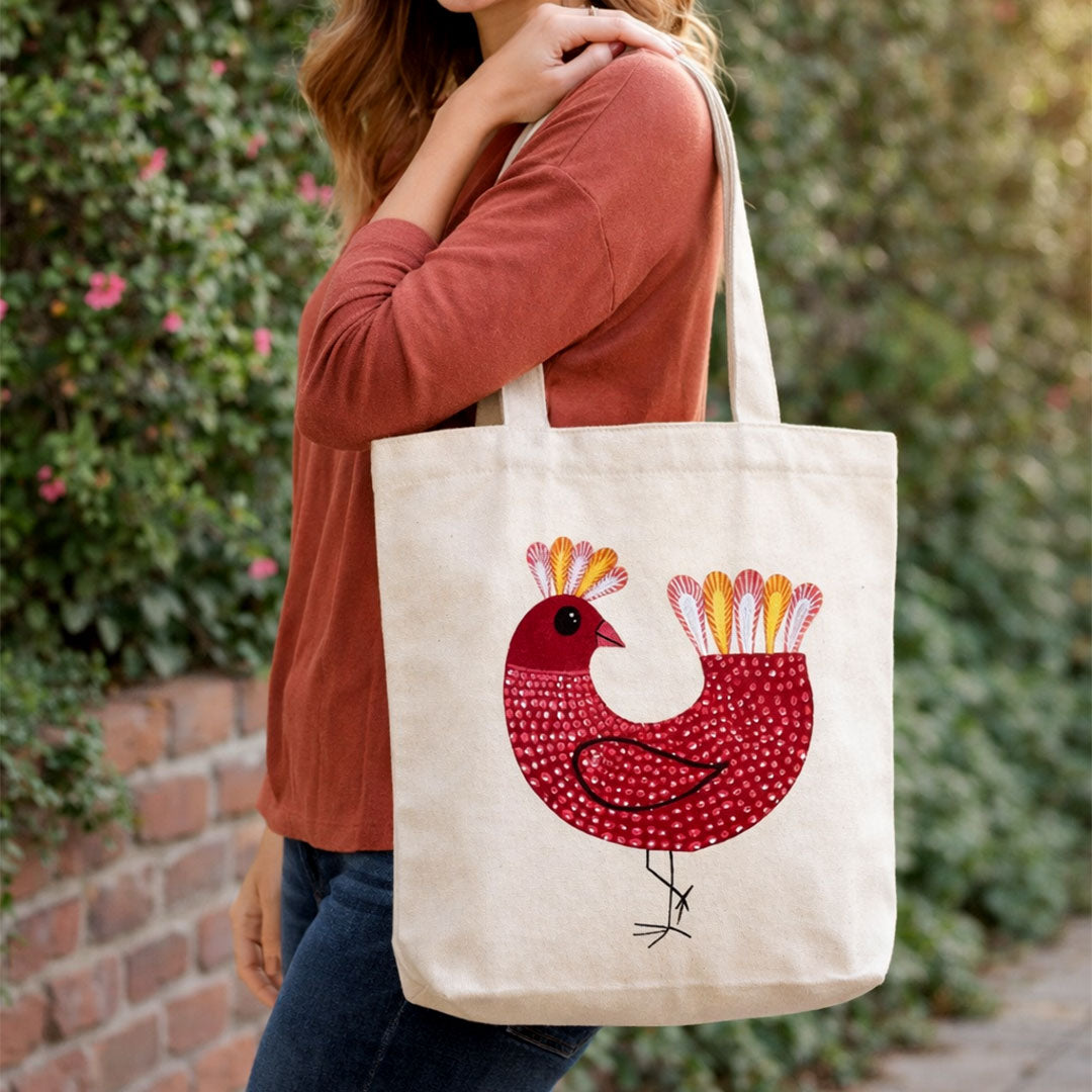 Artisan Folk Bird Hand-Painted Canvas Tote - Off-White