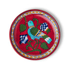 Hand-Painted Blue Pottery Bird and Floral Dish in Crimson
