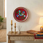Hand-Painted Blue Pottery Bird and Floral Dish in Crimson