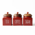 3-Piece Red Ceramic Tea Coffee Sugar Canister Set with Wood Lids