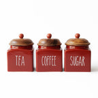 3-Piece Red Ceramic Tea Coffee Sugar Canister Set with Wood Lids