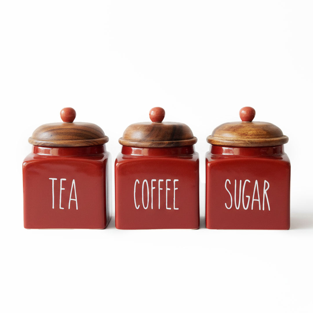 3-Piece Red Ceramic Tea Coffee Sugar Canister Set with Wood Lids