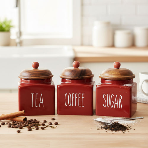 3-Piece Red Ceramic Tea Coffee Sugar Canister Set with Wood Lids