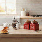 3-Piece Red Ceramic Tea Coffee Sugar Canister Set with Wood Lids