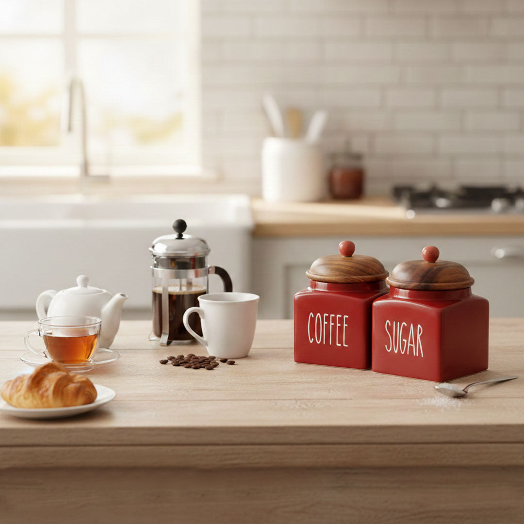 3-Piece Red Ceramic Tea Coffee Sugar Canister Set with Wood Lids