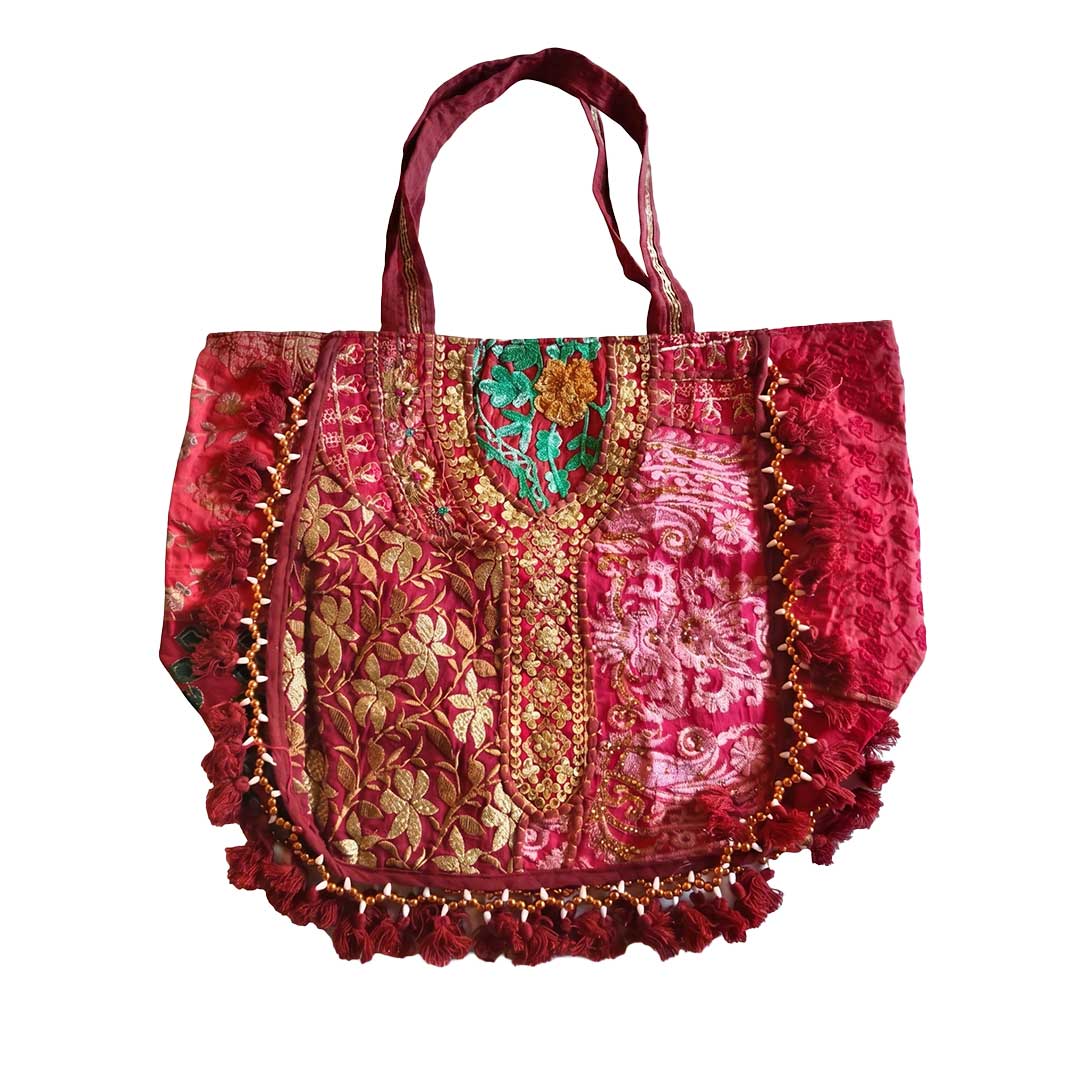 Festive Kasida Kari Embroidered Patchwork Bag with Beaded Fringe