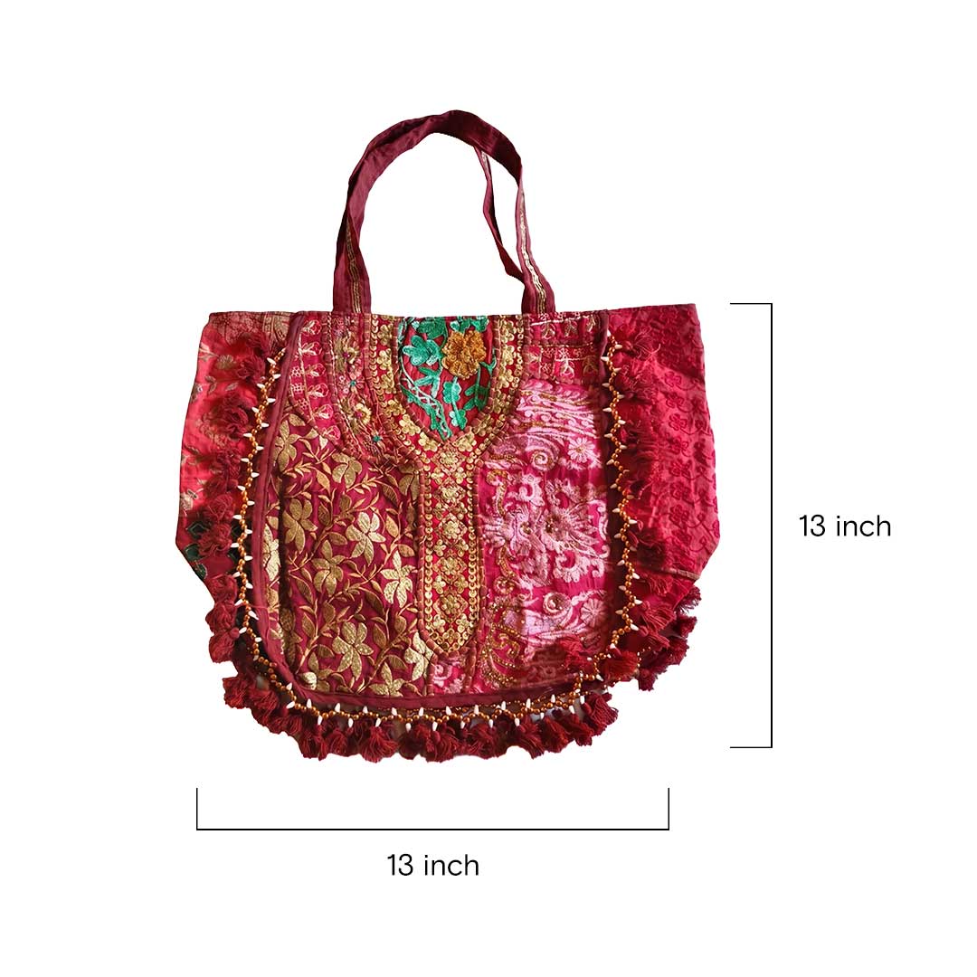 Festive Kasida Kari Embroidered Patchwork Bag with Beaded Fringe