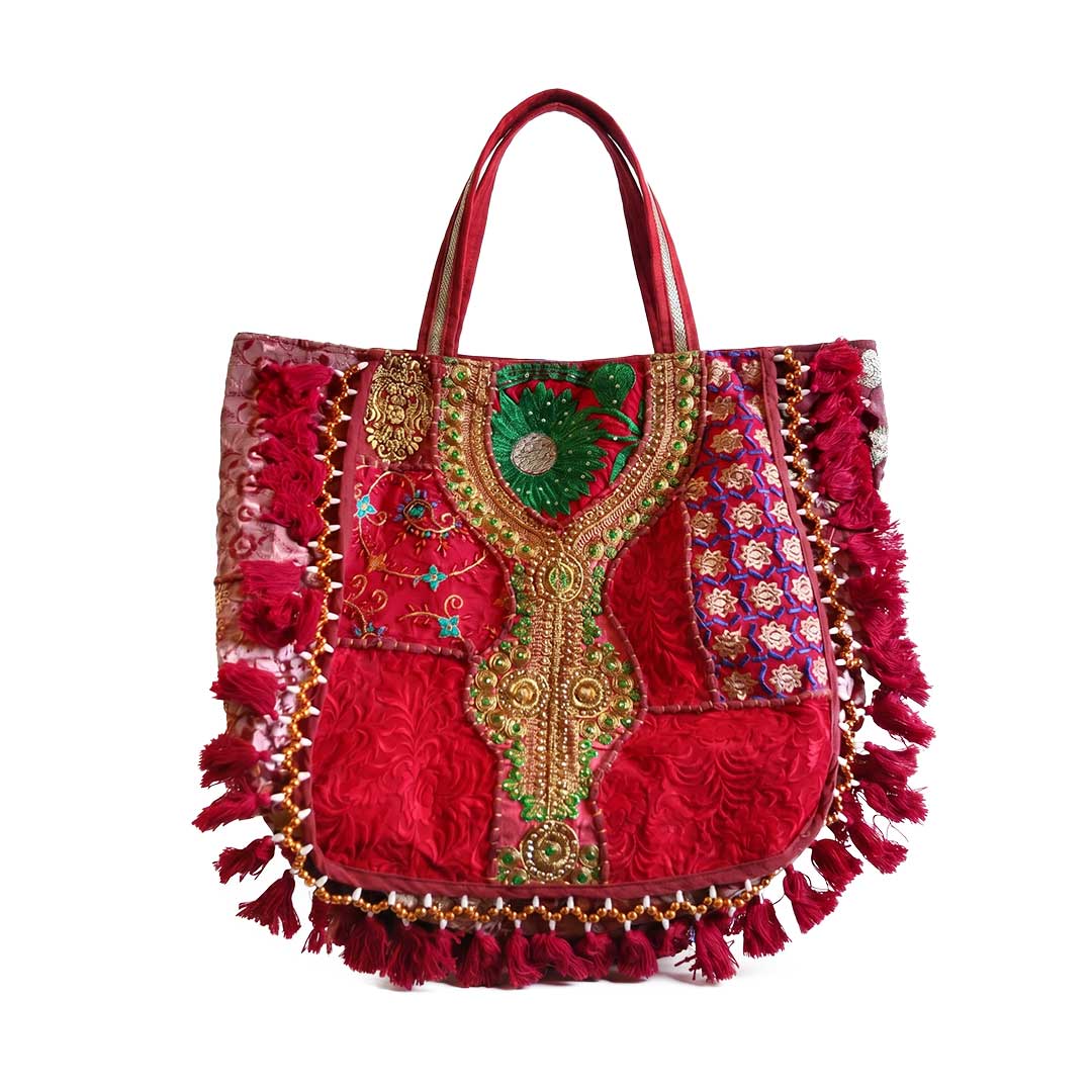 Pink Kasida Kari Patchwork Bag with Intricate Gold Threading