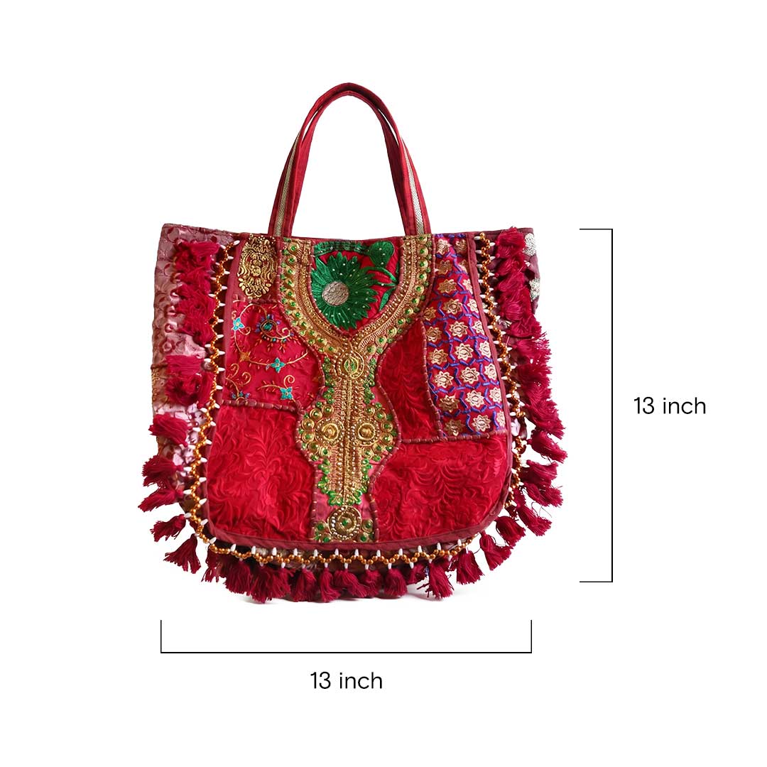 Pink Kasida Kari Patchwork Bag with Intricate Gold Threading