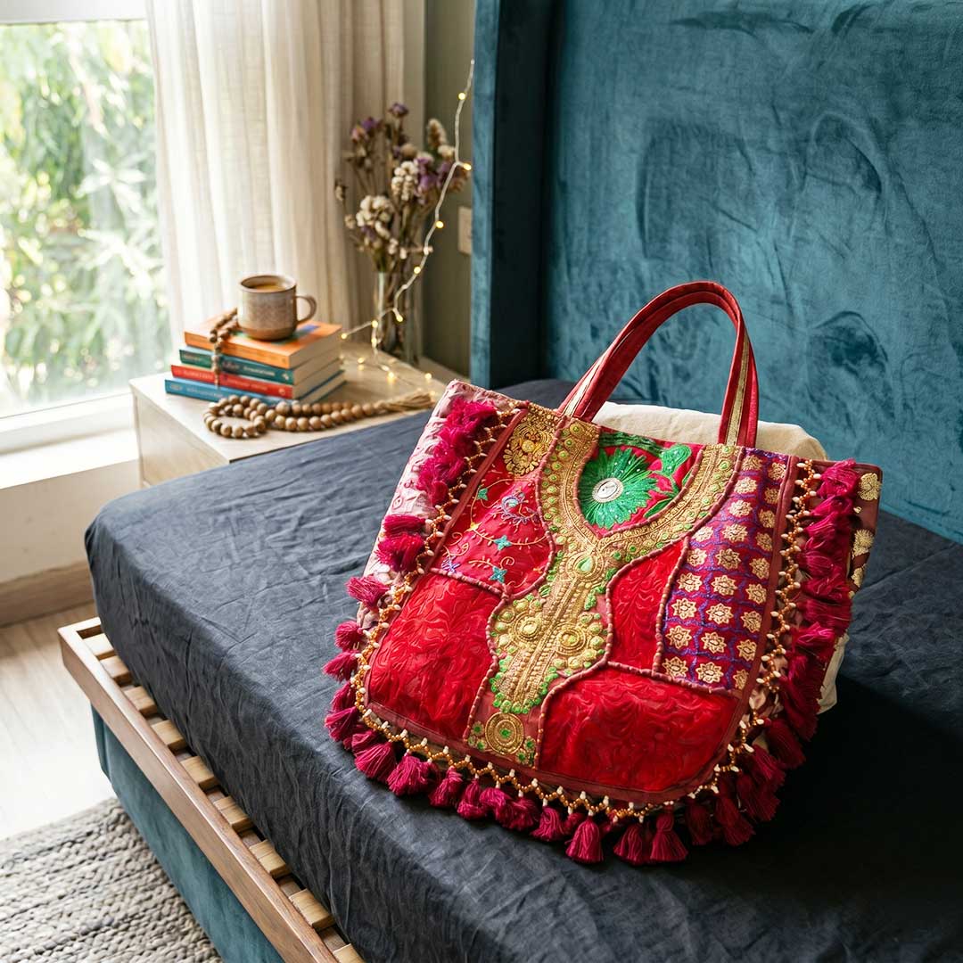 Pink Kasida Kari Patchwork Bag with Intricate Gold Threading