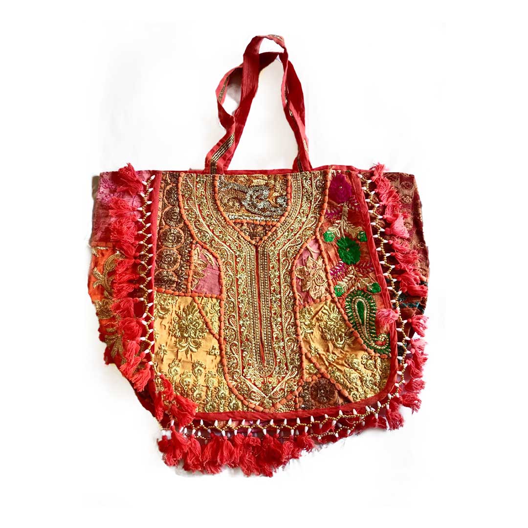 Vivid Kasida Kari Embroidered Patchwork Tote with Fringe Detail