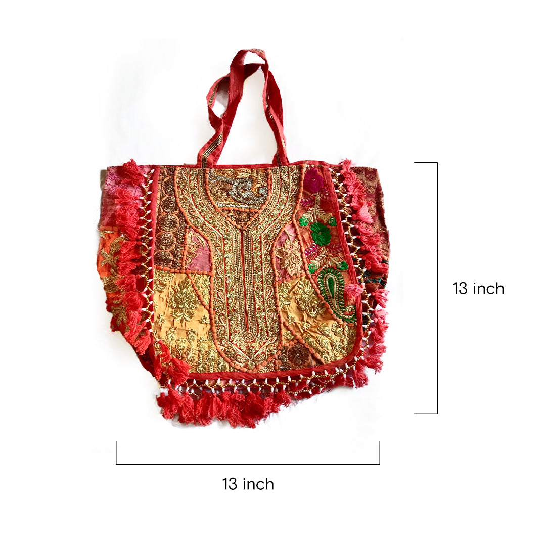 Vivid Kasida Kari Embroidered Patchwork Tote with Fringe Detail