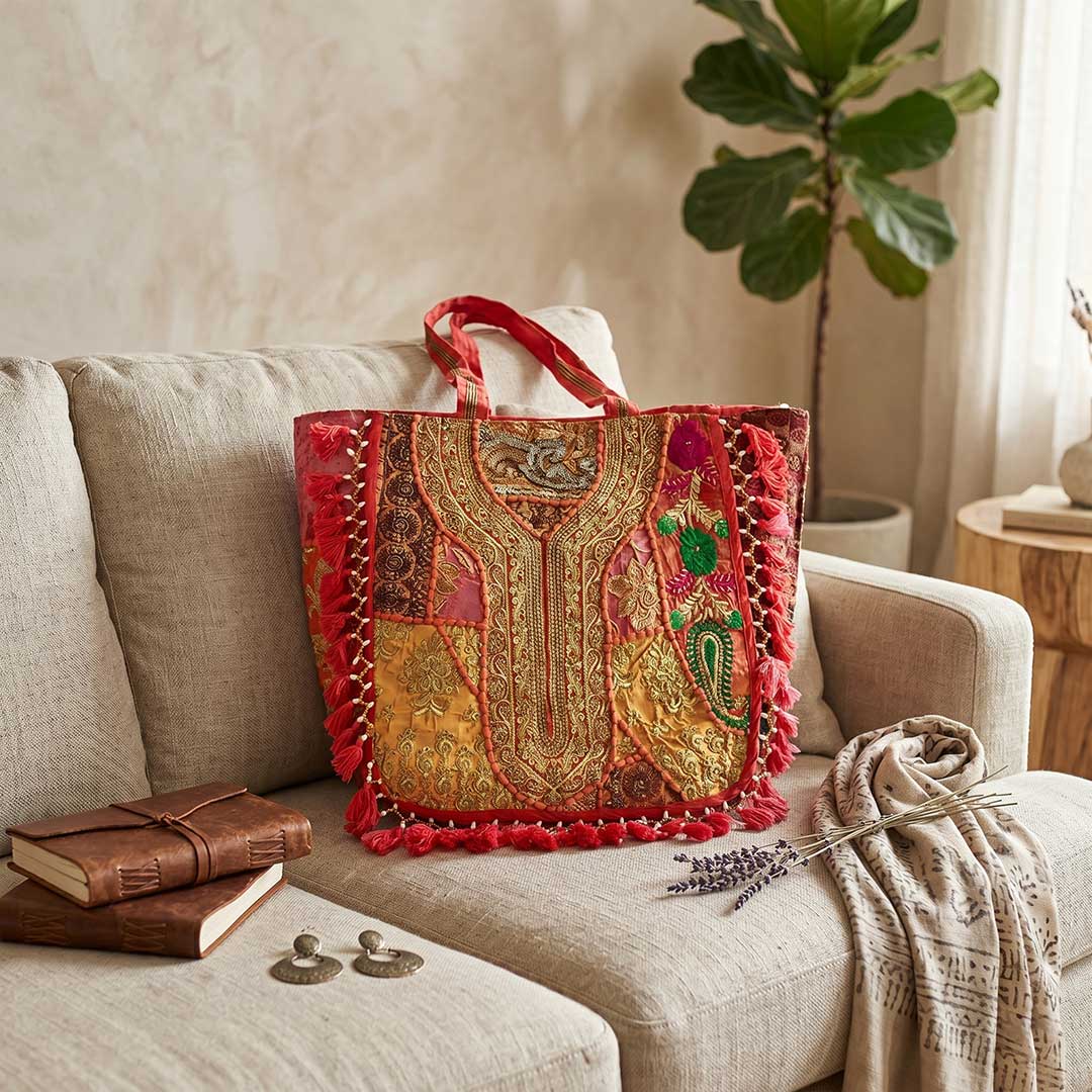 Vivid Kasida Kari Embroidered Patchwork Tote with Fringe Detail