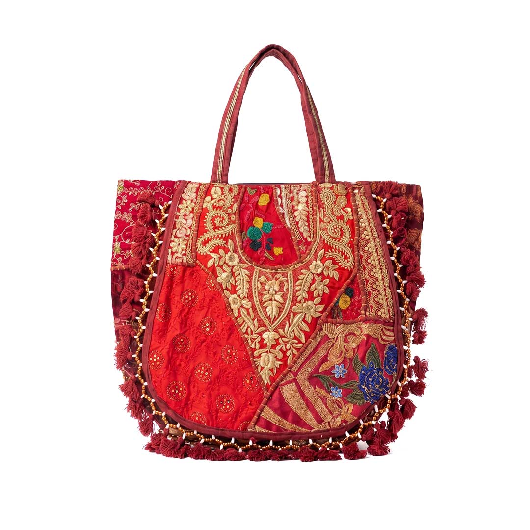 Kasida Kari Crimson Patchwork Tote with Elaborate Gold Zari