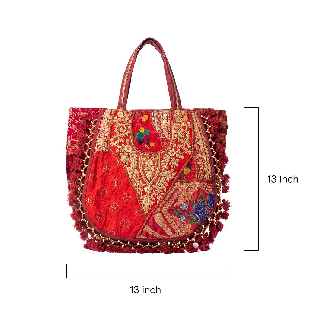 Kasida Kari Crimson Patchwork Tote with Elaborate Gold Zari