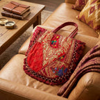 Kasida Kari Crimson Patchwork Tote with Elaborate Gold Zari