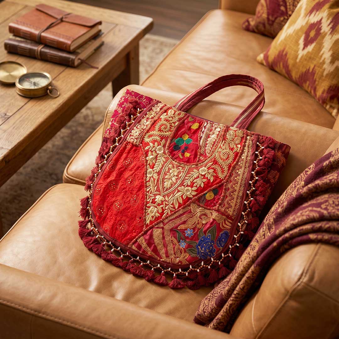 Kasida Kari Crimson Patchwork Tote with Elaborate Gold Zari