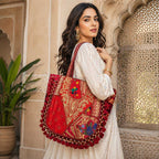 Kasida Kari Crimson Patchwork Tote with Elaborate Gold Zari