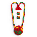 Hand-Stitched Floral Red Fabric Necklace and Stud Earring Set