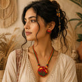 Hand-Stitched Floral Red Fabric Necklace and Stud Earring Set