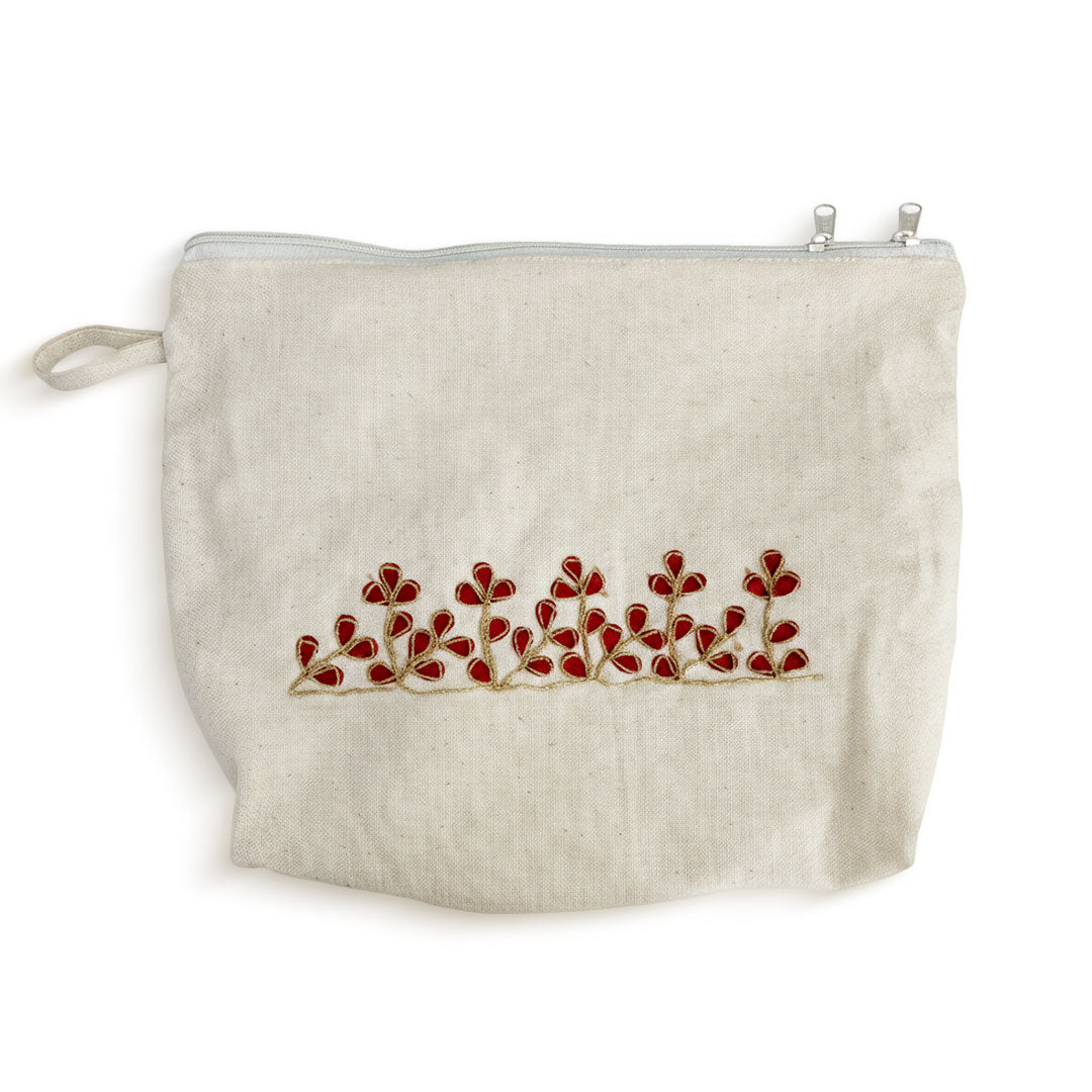 Gota Patti-Embroidered Cream Travel Pouch with Floral Motif