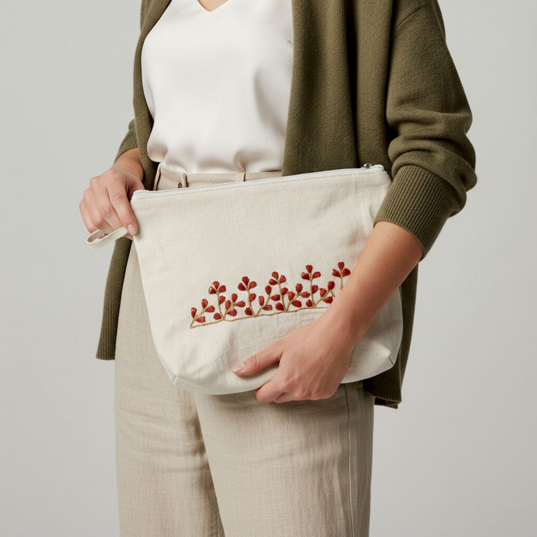 Gota Patti-Embroidered Cream Travel Pouch with Floral Motif