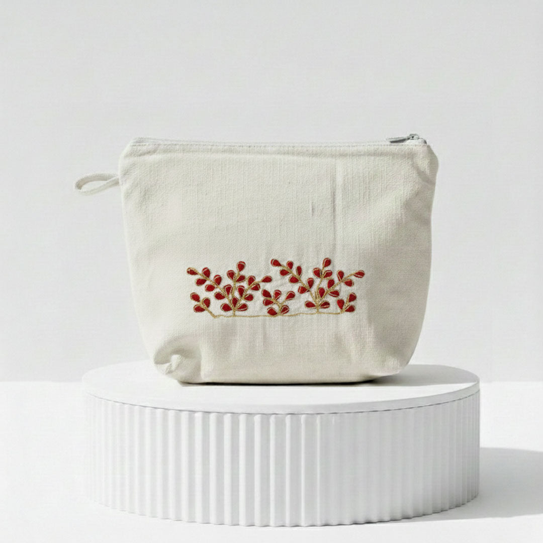 Gota Patti-Embroidered Floral Canvas Travel Pouch - Cream