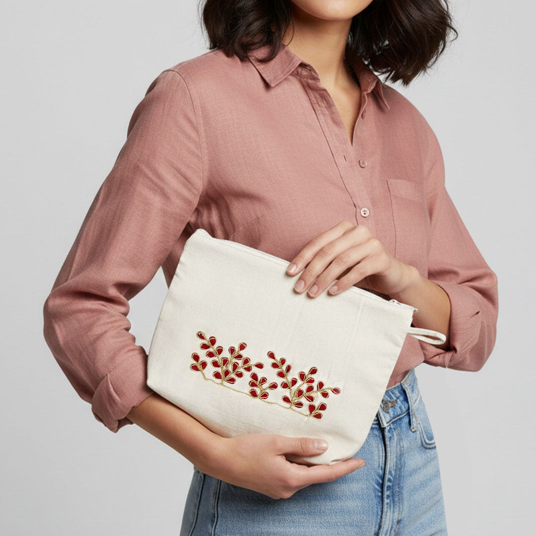 Gota Patti-Embroidered Floral Canvas Travel Pouch - Cream
