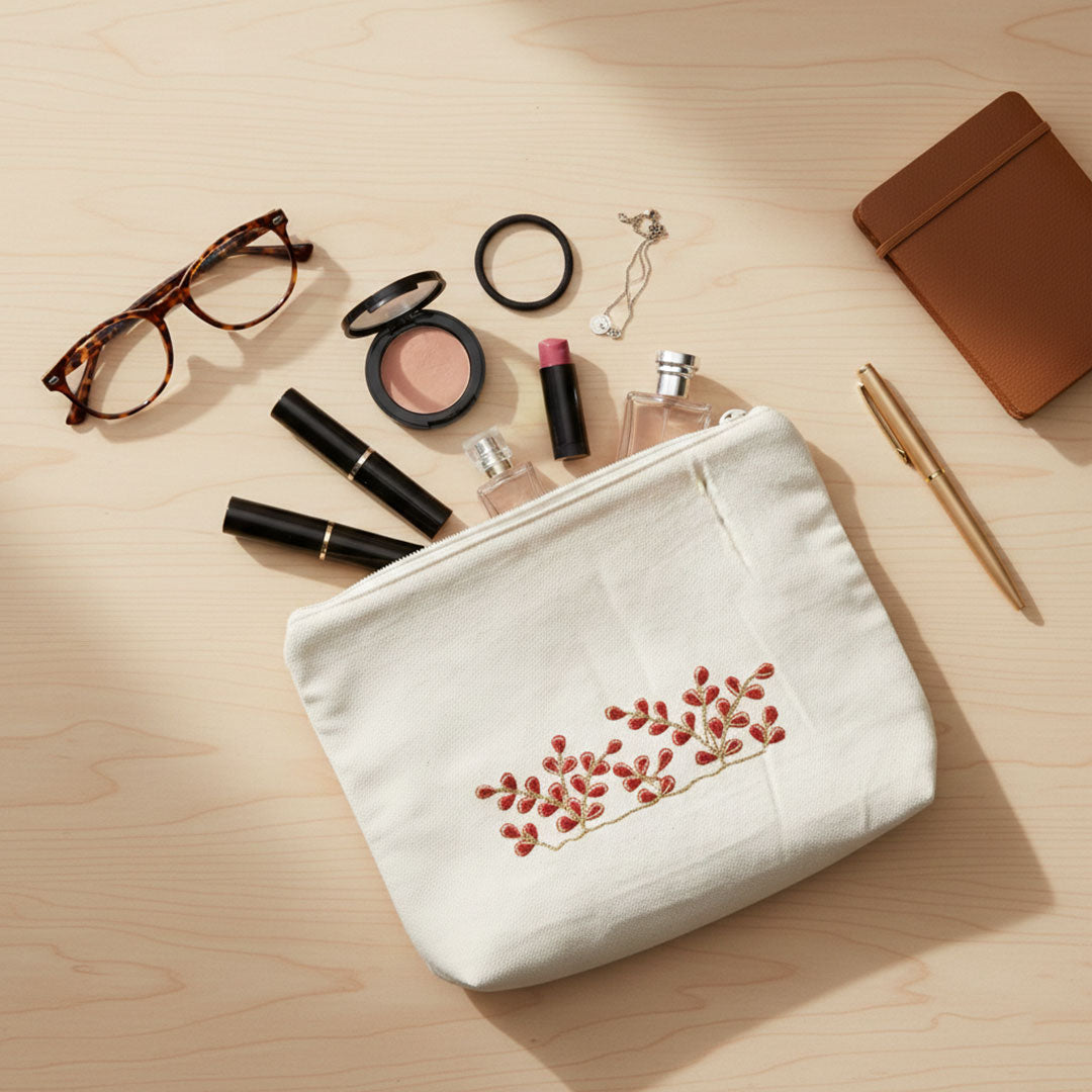 Gota Patti-Embroidered Floral Canvas Travel Pouch - Cream