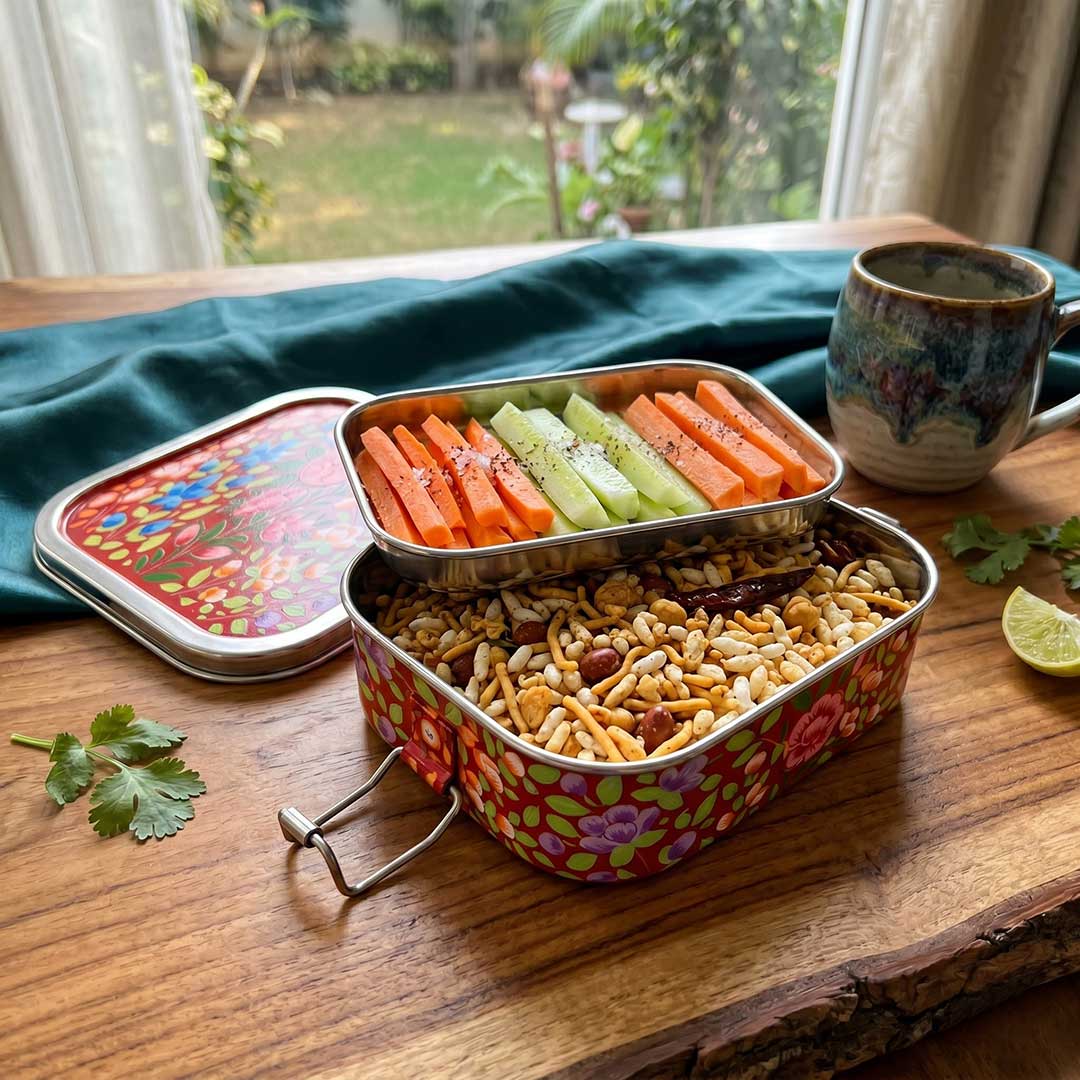 Red Floral Hand Painted Stainless Steel Lunch Tiffin Box