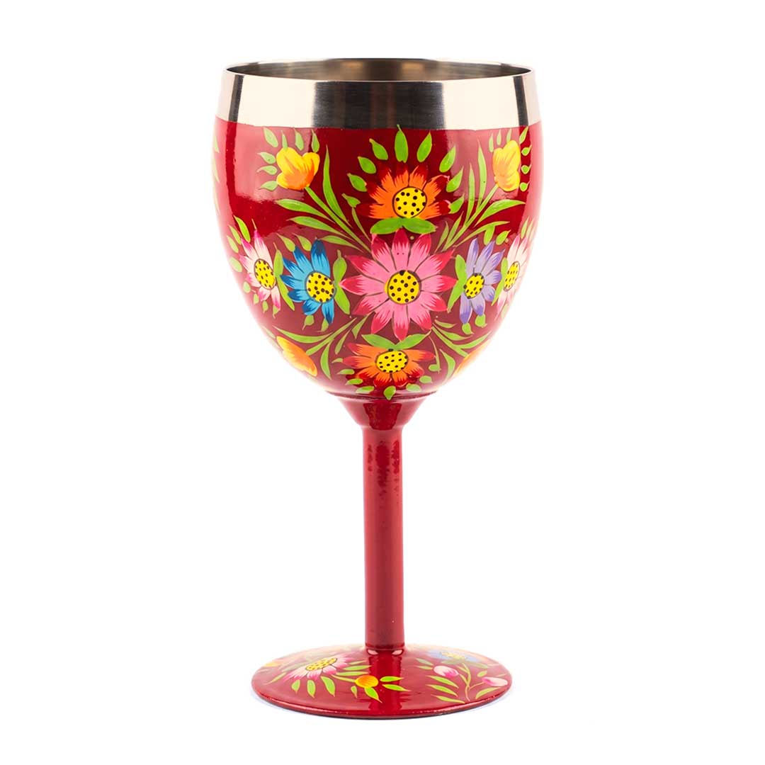 Vibrant Red Hand-Painted Floral Stainless Steel Goblet