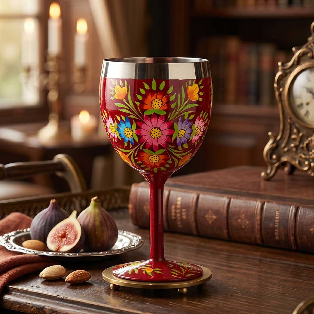 Vibrant Red Hand-Painted Floral Stainless Steel Goblet