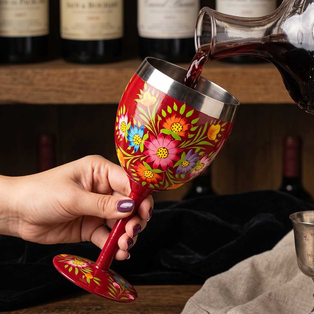 Vibrant Red Hand-Painted Floral Stainless Steel Goblet