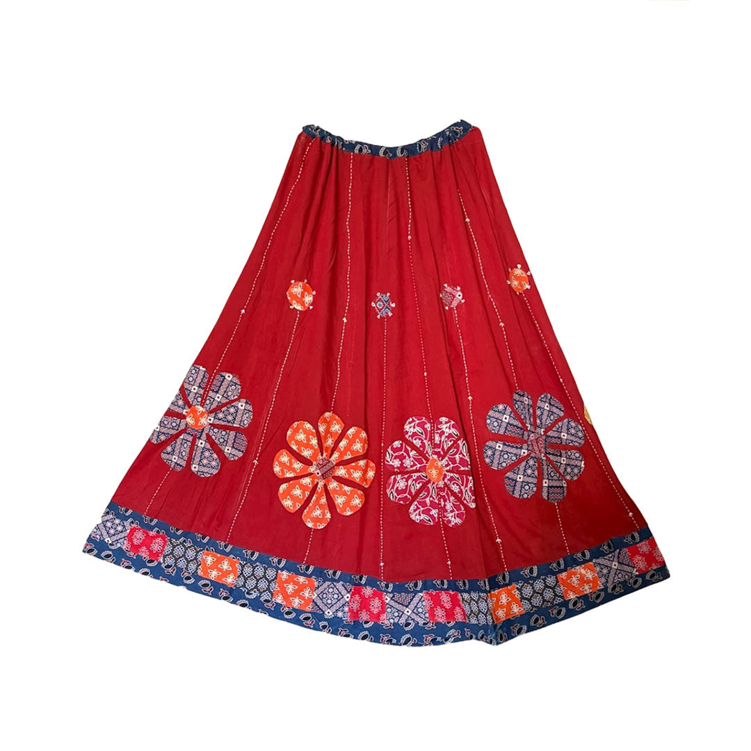 Red Floral Applique Cotton Maxi Skirt