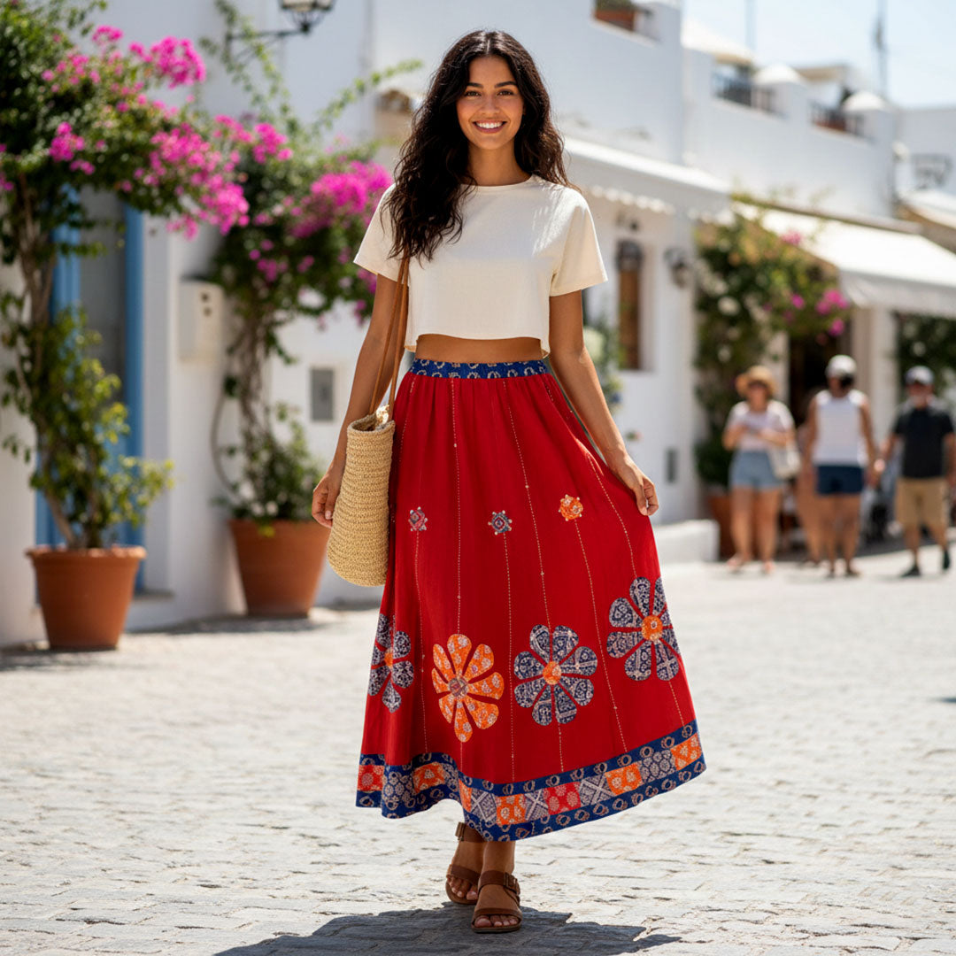 Red Floral Applique Cotton Maxi Skirt
