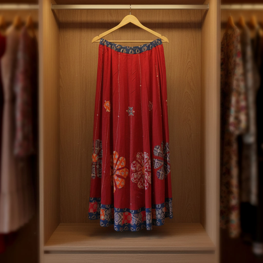 Red Floral Applique Cotton Maxi Skirt