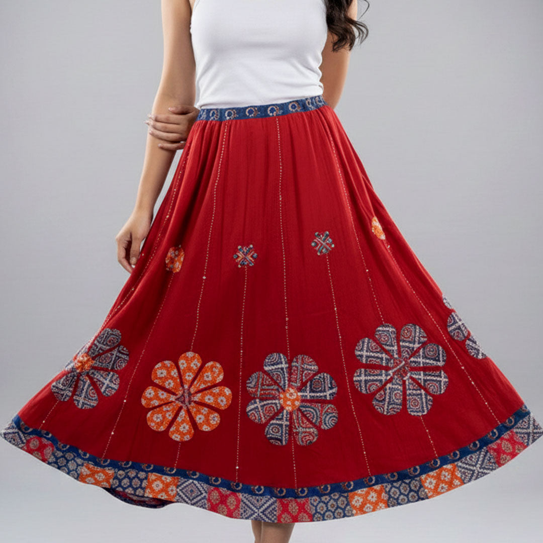 Red Floral Applique Cotton Maxi Skirt