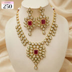 Ruby Square Kundan Necklace Set with Green Meenakari Edging