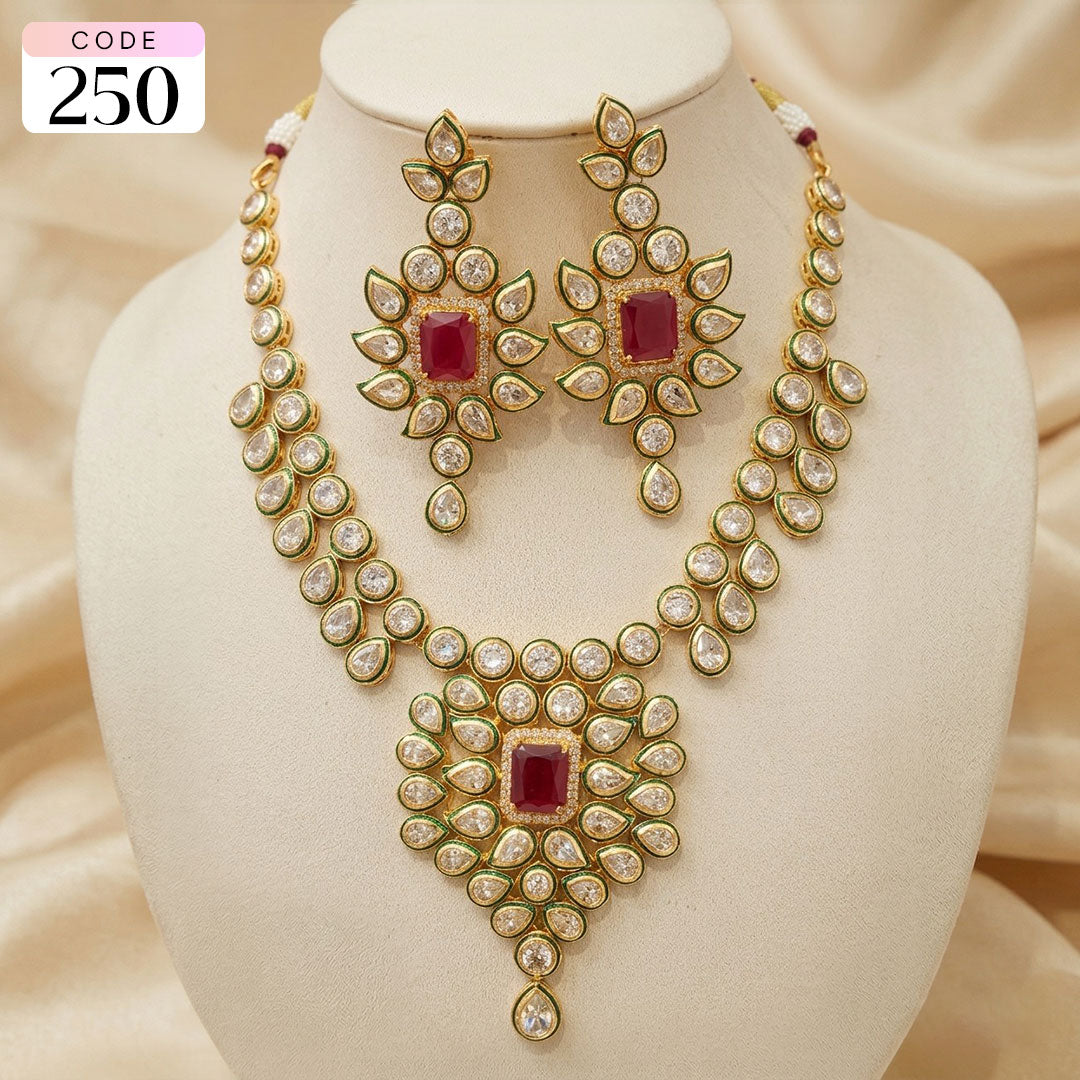Ruby Square Kundan Necklace Set with Green Meenakari Edging