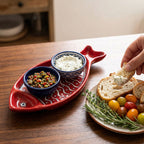 Artisanal Red Fish Blue Pottery Tray with Wave Pattern