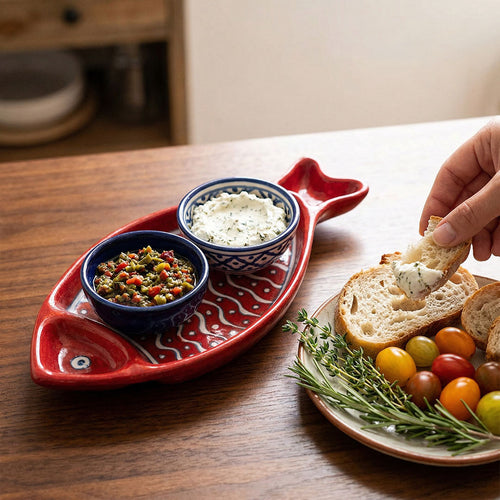 Artisanal Red Fish Blue Pottery Tray with Wave Pattern