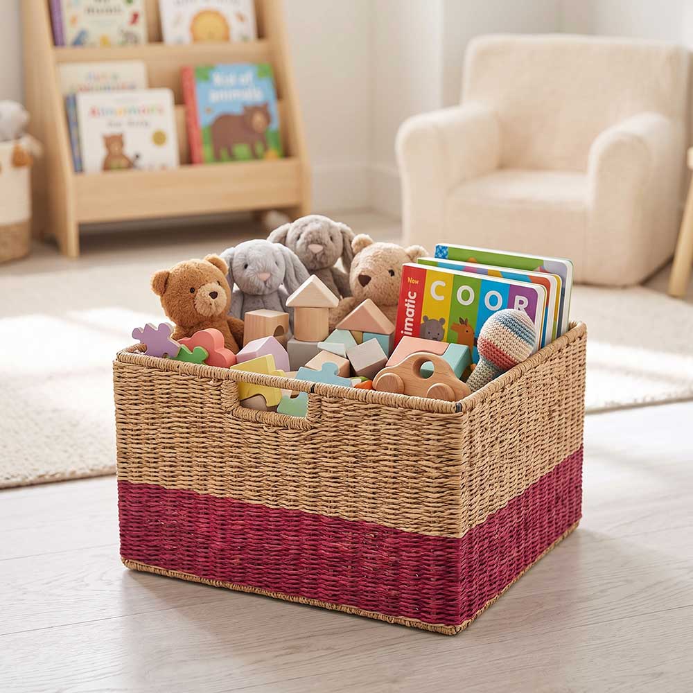 Rectangular Sabai Grass Storage Basket in Magenta