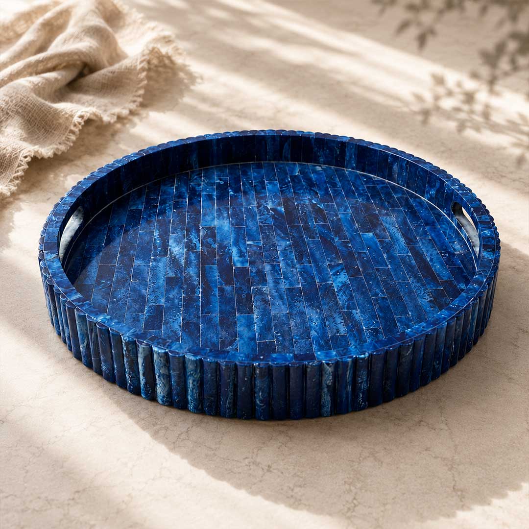 Deep Blue Marbled Resin Round Serving Tray
