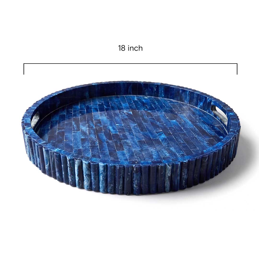 Deep Blue Marbled Resin Round Serving Tray