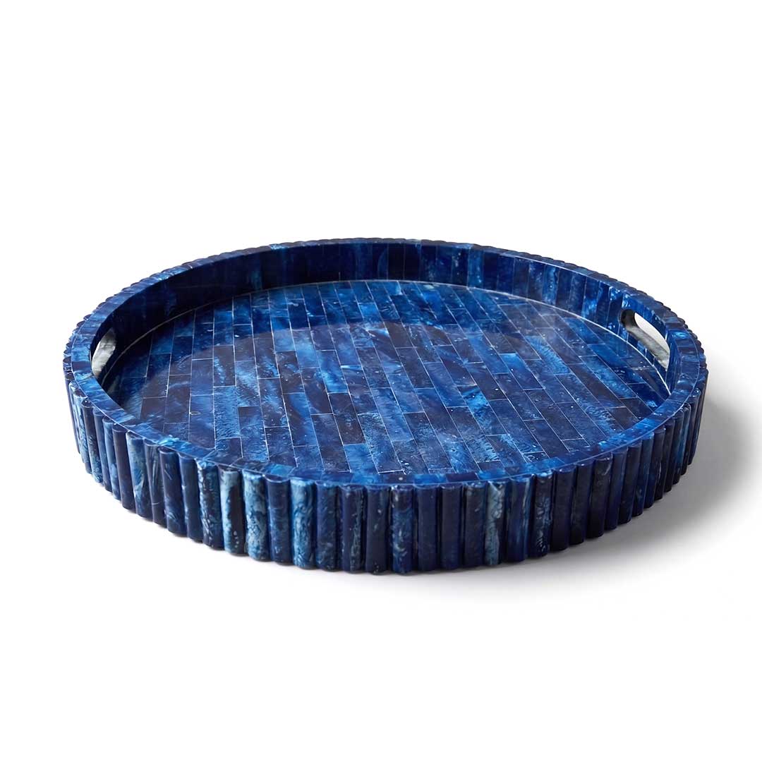 Deep Blue Marbled Resin Round Serving Tray