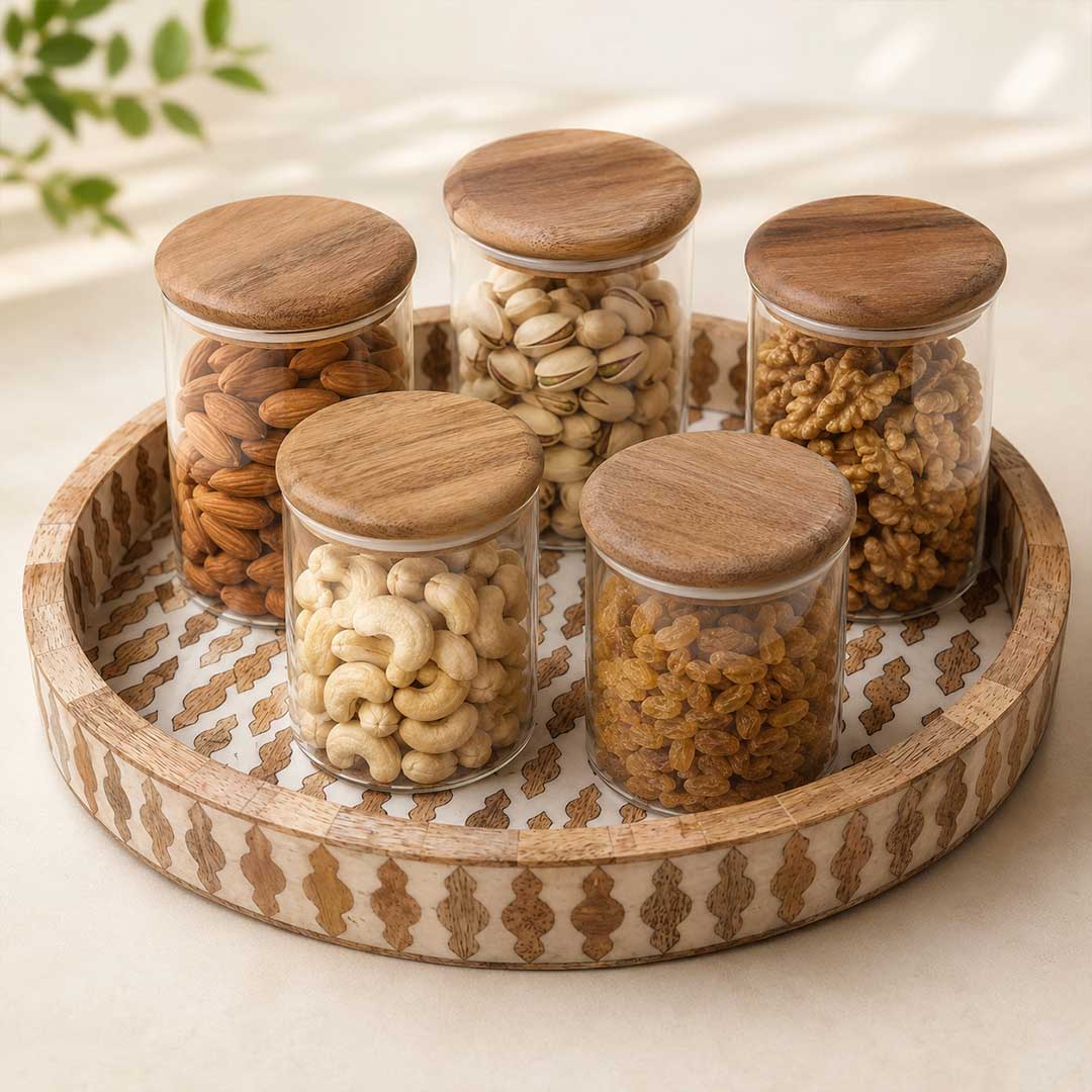 Round Wood and Resin Inlay Serving Tray with Ogee Pattern